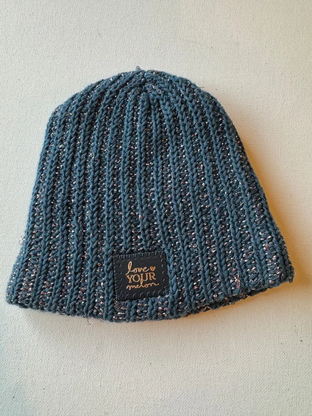 Love Your Melon Teal Metallic Knit Beanie Rose Gold Sparkle Made One Size